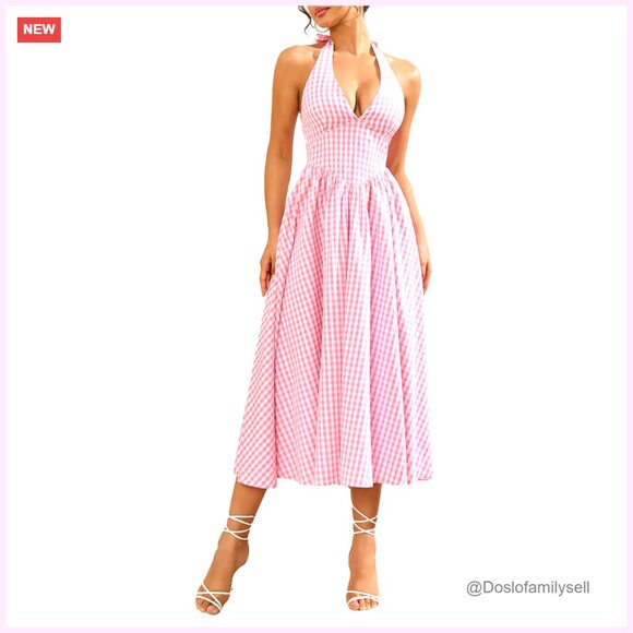 Summer Midi Dress Smocked Halter V Neck Sundress Flowy A Line Beach